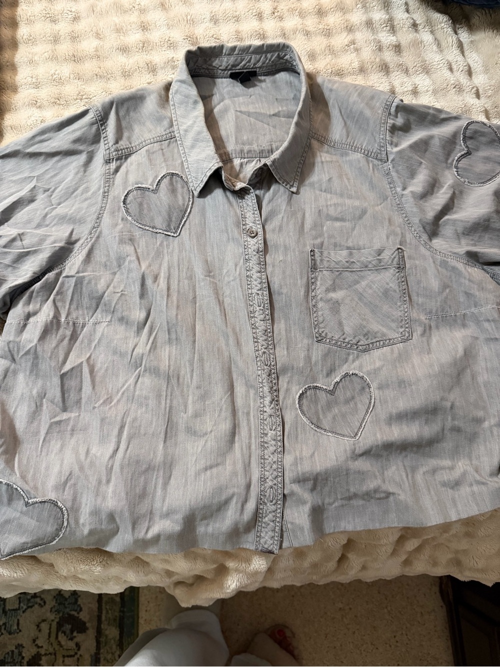 Torrid Gray Button-Up Shirt with Heart Appliqués